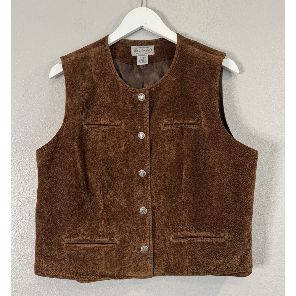 Vintage 90s Stonebridge Brown Faux Suede Vest L Western Cowgirl Boho Button